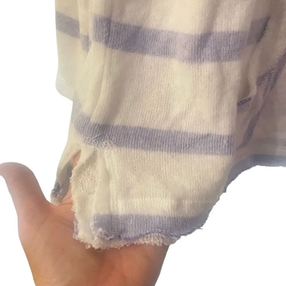 Ocean Drive Hoodie – Large, Blue and White Striped Pullover with Raw Hem - Picture 3 of 6